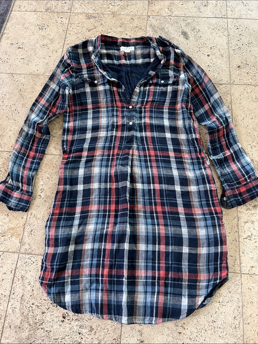 Velvet by Graham & Spencer Plaid Button-Front Tunic Shirt - Navy, Red & Cream